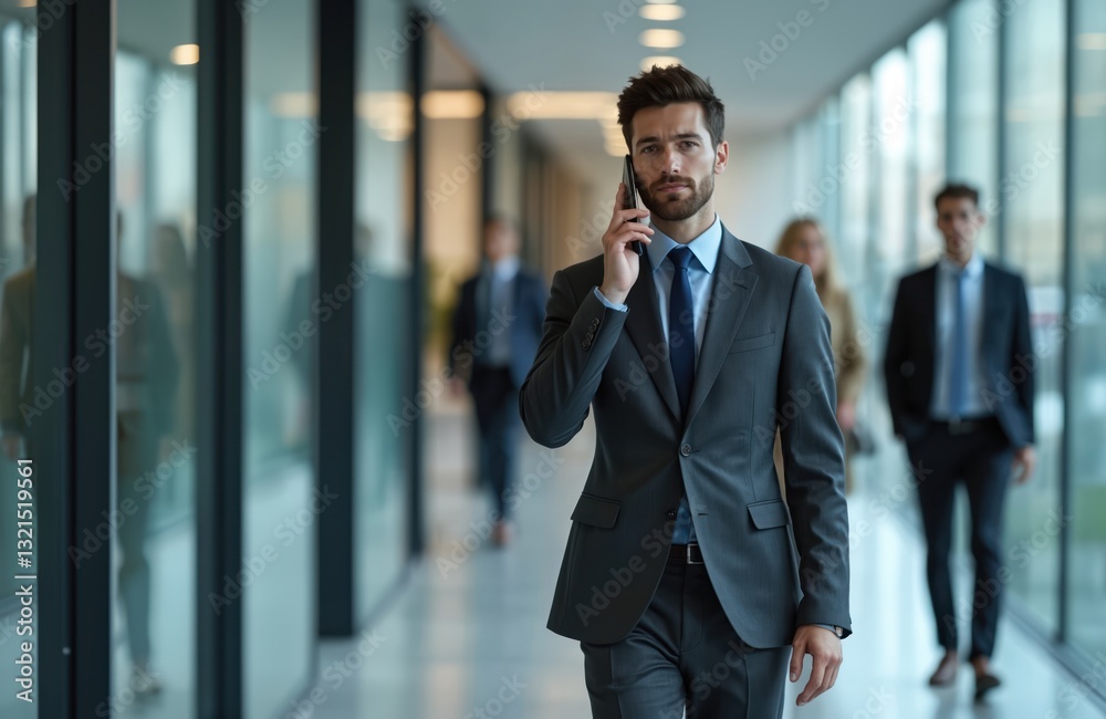 Young businessman in suit uses mobile phone walking along office corridor. Coworkers in background. Concept of modern business, pro occupation, communication, mobile solutions, expertise, new Young businessman in suit uses mobile phone walking along office corridor. Coworkers in background. Concept of modern business, pro occupation, communication, mobile solutions, expertise, new
