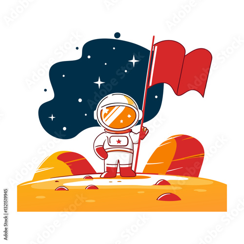 Vector illustration of an astronaut planting a flag, symbolizing space exploration, achievement, and discovery.