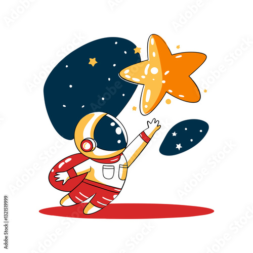 Vector illustration of a playful astronaut reaching for a glowing star, symbolizing dreams, ambition, and space exploration in a whimsical design.