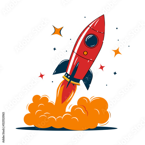 Vector illustration of a red rocket launching with fiery exhaust, symbolizing space exploration, innovation, and adventure.