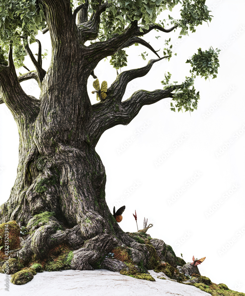 Obraz premium Ancient tree with butterflies and moss in whimsical fairytale forest