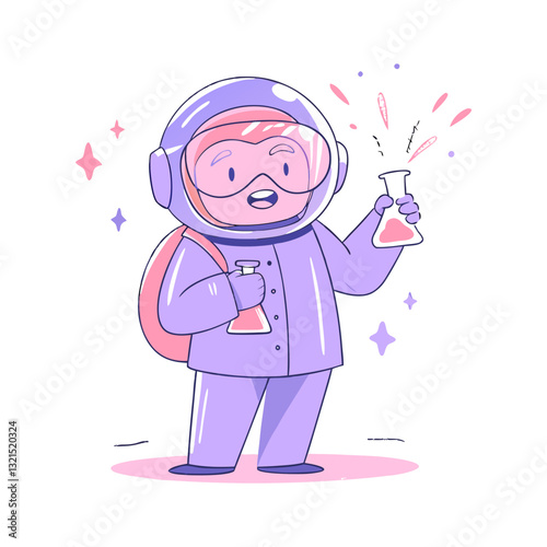 Vector illustration of a cute scientist in protective gear holding flasks with bubbling chemicals, in a minimalistic and pastel science-themed style.