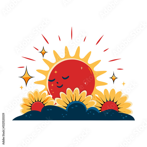 Vector illustration of a smiling sun rising behind sunflowers, symbolizing warmth, positivity, and a bright new day in a cheerful design.