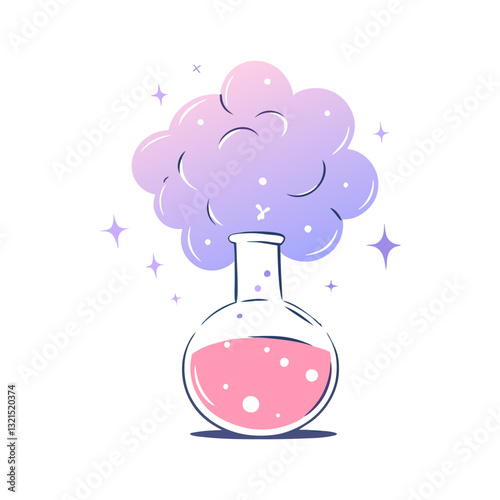 Vector illustration of a chemistry experiment featuring a flask with bubbling liquid and smoke in a minimalistic and playful pastel style.