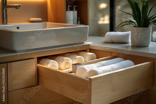 Bathroom vanity with sink and open drawer revealing towels and toiletries in a warm modern setting