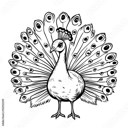A realistic black and white line drawing of a peacock with fully spread feathers, representing power, independence, and the beauty of nature.