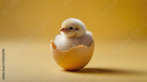 Cute chick raised from egg shells against yellow background 