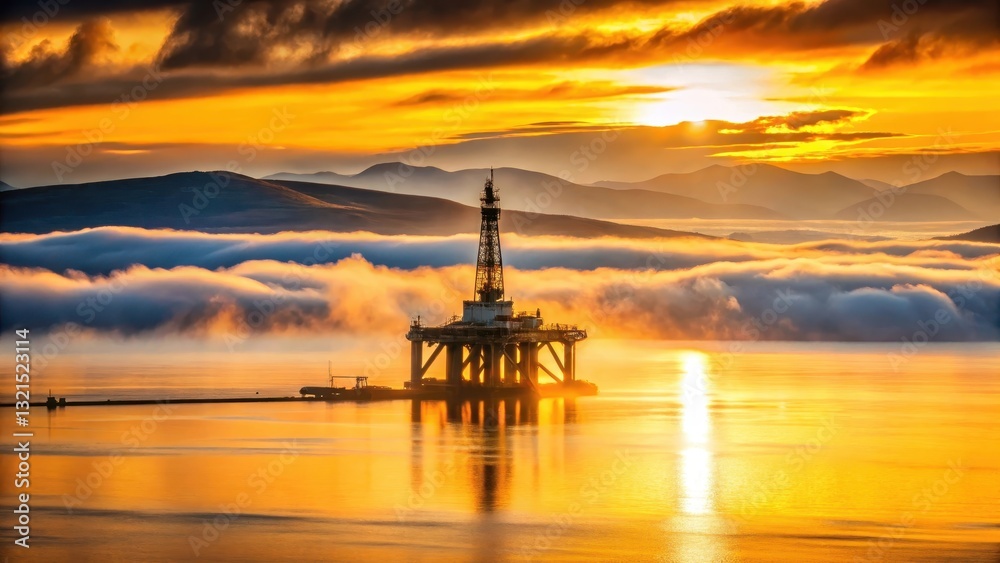 Semi-submersible oil rig at sunrise over Cromarty Firth with misty fog rolling in, illuminated by warm golden light, offshore drilling, Scottish waters Semi-submersible oil rig at sunrise over Cromarty Firth with misty fog rolling in, illuminated by warm golden light, offshore drilling, Scottish waters
