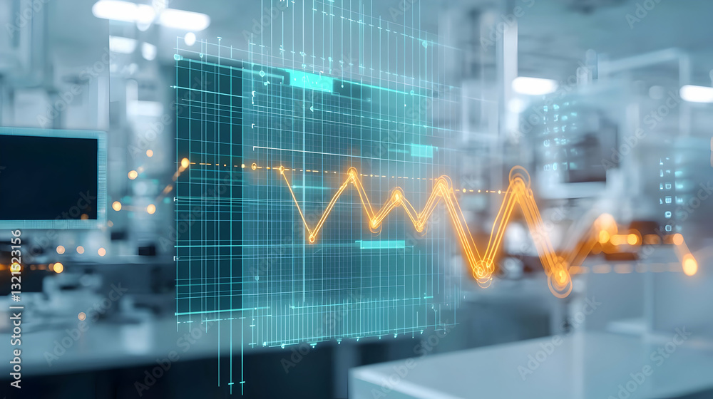 3D Rendered Futuristic Data Analysis With Orange Graph In Modern Laboratory Setting With Teal Accents 3D Rendered Futuristic Data Analysis With Orange Graph In Modern Laboratory Setting With Teal Accents