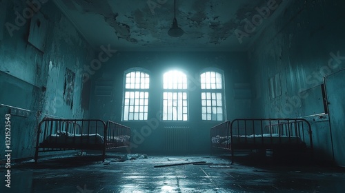Eerie abandoned asylum interior with beds and barred windows in haunting light