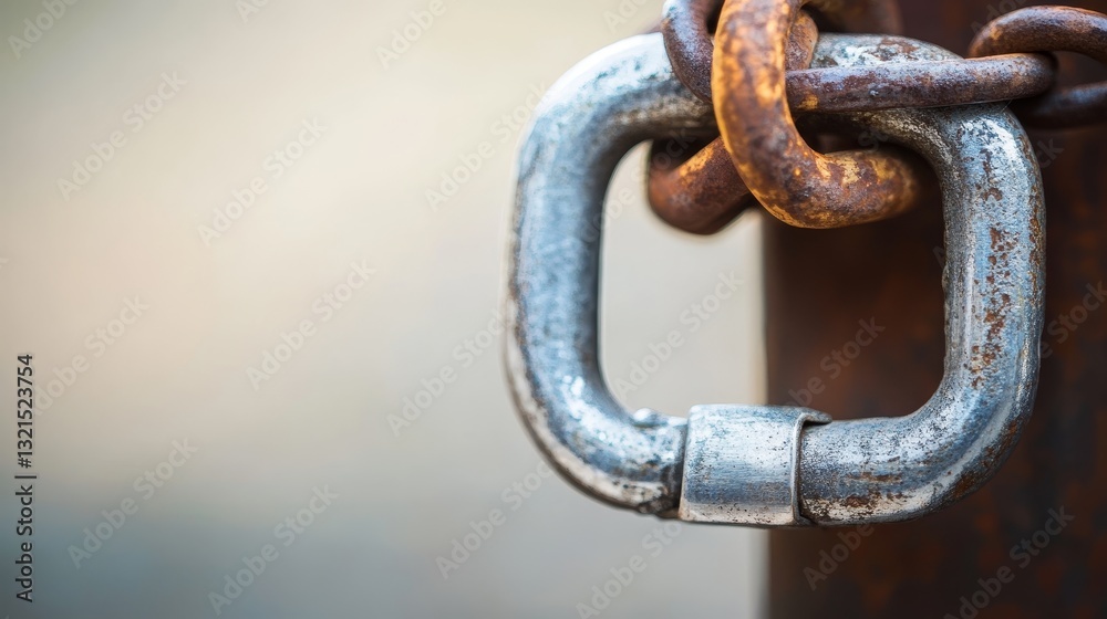 Close-up of Rusted Chain Looped through Metal Carabiner Clip, Showing Contrast and Security Concept Close-up of Rusted Chain Looped through Metal Carabiner Clip, Showing Contrast and Security Concept