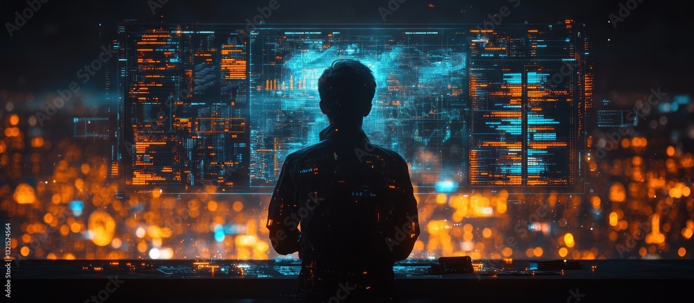 Businessman Analyzing Data Charts in Futuristic Digital Workspace for Financial Growth and Investment Strategy Businessman Analyzing Data Charts in Futuristic Digital Workspace for Financial Growth and Investment Strategy