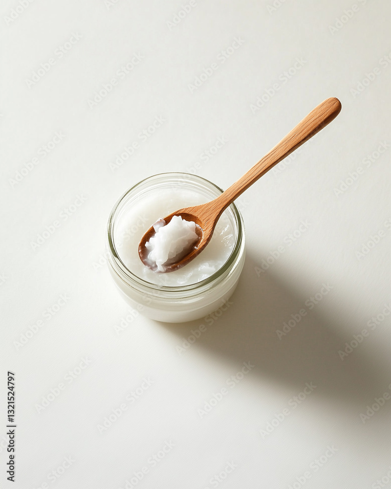 Coconut oil in jar with wooden spoon Coconut oil in jar with wooden spoon
