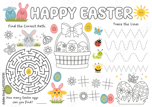 Easter activity placemat for kids, kids coloring page, party games. Holiday table activity for Easter party. Easter activity mat, logical games, maze, tracing lines. Easter worksheet for preschool.