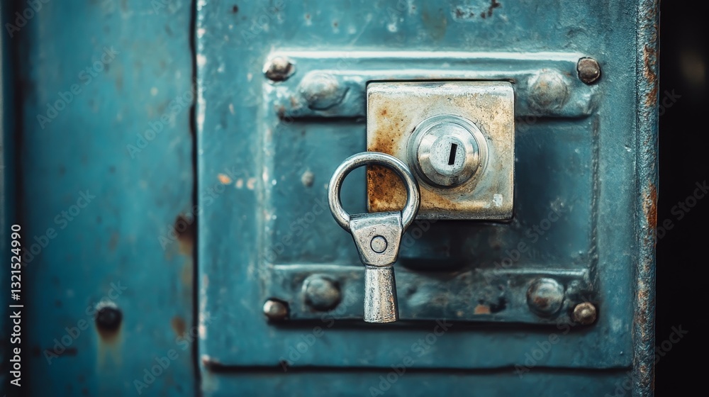 Old rusty lock with a key on a blue metal door, vintage security concept. Background, texture. Old rusty lock with a key on a blue metal door, vintage security concept. Background, texture.