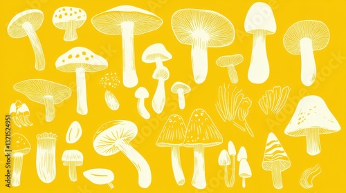 Charming Collection of Detailed White Mushrooms on a Vibrant Yellow Background