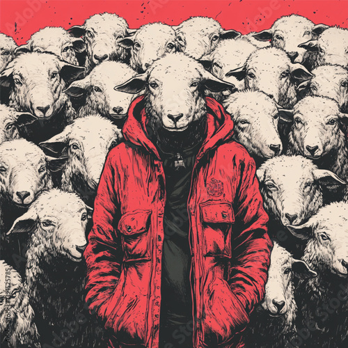 a flock of sheep in the form of a crowd in front of them the leader in a red jacket
