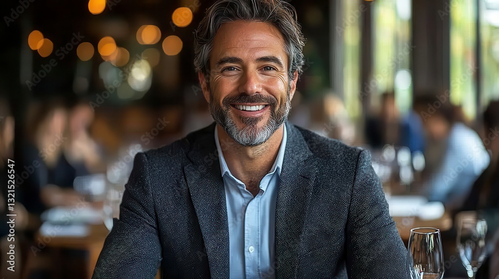 Fototapeta premium Professional Man Smiling in Elegant Restaurant Setting with Warm Lighting