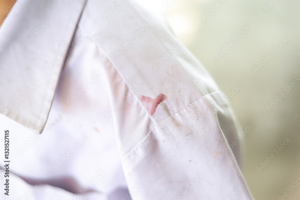 dirty sauce stain on shirt from drinking in freetime. stain for cleaning concept dirty sauce stain on shirt from drinking in freetime. stain for cleaning concept