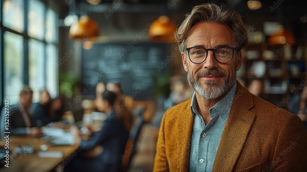 Professional Consultant Smiling Confidently in Modern Office Environment Professional Consultant Smiling Confidently in Modern Office Environment