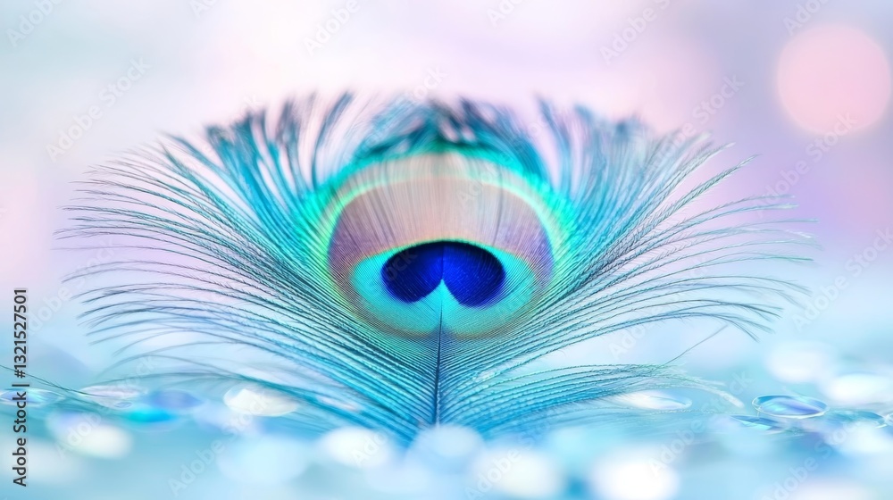 Obraz premium A macro shot of vibrant peacock feathers displaying iridescent blues, greens, and purples, with their signature eye-like patterns catching the light.