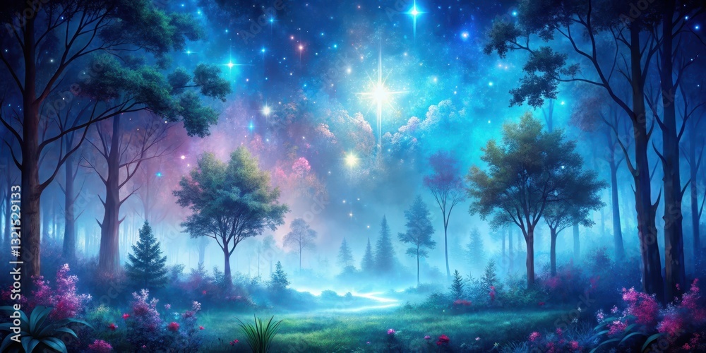 Fototapeta premium A serene forest with a misty atmosphere, vibrant shades of blue and pink hues, lush greenery, and twinkling stars in the night sky , whimsical background, forest
