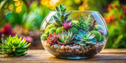 A miniature succulent garden in a glass vase with lush greenery and vibrant flowers, Succulents, Cactus, Succulents