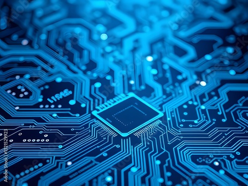 Blue Circuit Board Close-up Technology, Electronics, Digital, Computer Chip, Futuristic Design, Data Transmission, Innovation