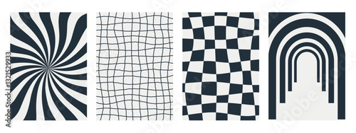 Abstract Groovy backgrounds. Set of psychedelic retro patterns in black and white colors. Trendy twisted and checkered vector texture in abstract y2k style. Vector graphic for posters and art prints.