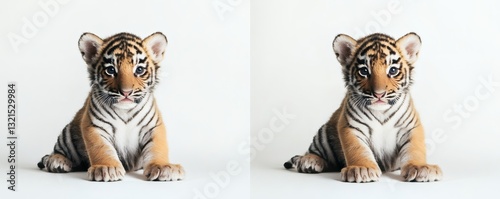 A sweet baby tiger is sitting calmly on a white background