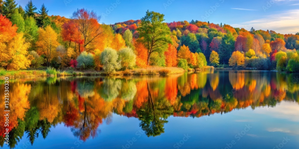 Tranquil autumn scene by the lake with colorful foliage reflected in the water , peaceful lake scene, serene autumn landscape Tranquil autumn scene by the lake with colorful foliage reflected in the water , peaceful lake scene, serene autumn landscape