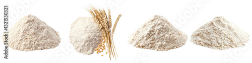 Piles of Flour and Wheat Grains on White Background  Concept of Baking Cooking and Healthy Ingredients for Preparing Homemade Bread Pastries and Other Bakery Products photo