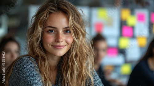 Free Download Young Woman Smiling in a Creative Office Environment with Marketing Team Background - GFXLoad