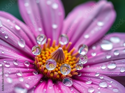 Macro close-up of a vibrant pink flower with water droplets, capturing beauty and detail in nature's design.