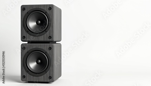 Audio music speakers stack on white background. Black wooden loudspeakers for sound amplification in studio. Loud quality sound system stereo equipment. For concerts, parties and musical events.