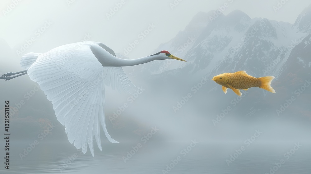 Fototapeta premium Serene Scene of a Crane Flying Above Golden Carp in Misty Waters with Mountainous Background
