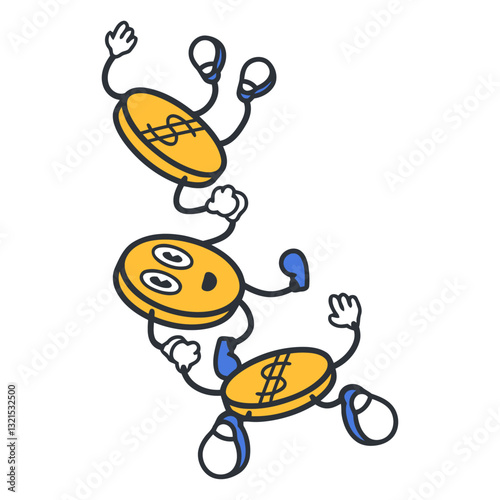 coins falling retro cartoon color.
