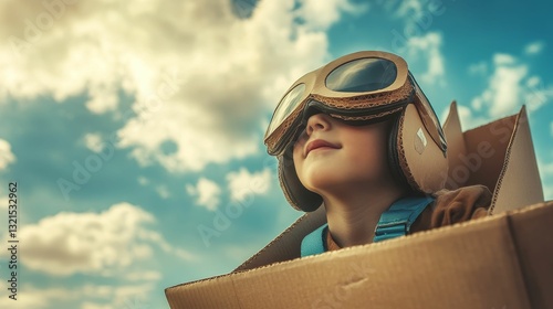 Child imagines flight in cardboard airplane.