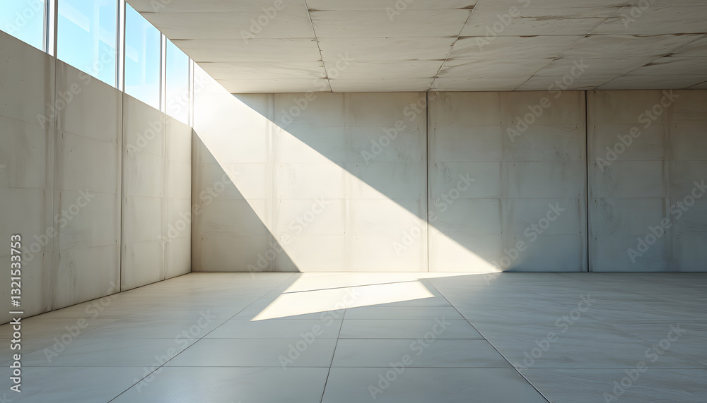 Sunny concrete interior with sunlight and empty wall mockup place. Exhibition, art and advertisement concept. 3D Rendering, vector style. White tone Sunny concrete interior with sunlight and empty wall mockup place. Exhibition, art and advertisement concept. 3D Rendering, vector style. White tone