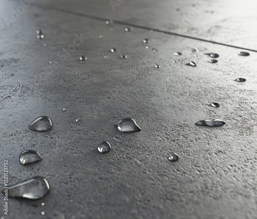 Water droplets on a dark gray textured surface.