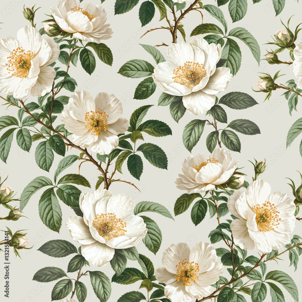 Fototapeta premium Seamless pattern design with victorian watercolor illustrations of dog rose flowers. Perfect for fabrics, wallpapers, clothes, home textile, packaging design, posters and other prints