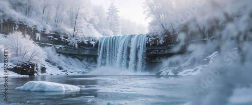 A beautiful waterfall surrounded by ice and snow in nature.
