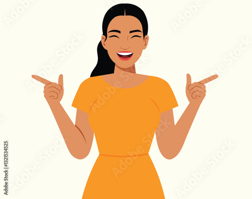 Beautiful woman showing and pointing fingers upper left and right corner.