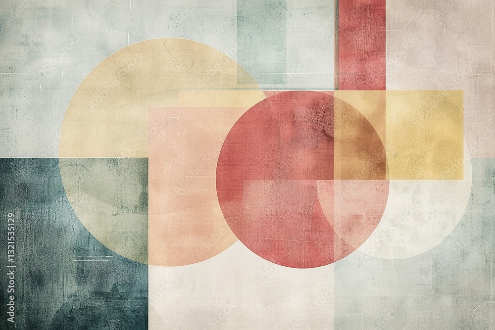 A softly textured abstract composition featuring overlapping circles and geometric shapes in muted colors.