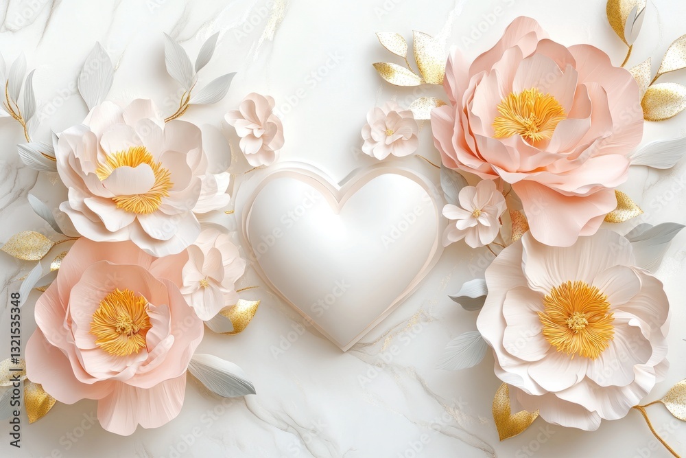 Obraz premium White heart surrounded by peach paper flowers on marble.