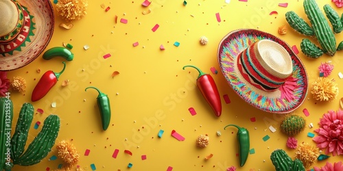 Vibrant fiesta decoration with sombrero, peppers, and cacti on bright yellow background