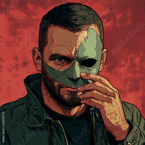 a man in a jacket covered part of his face with a mask
