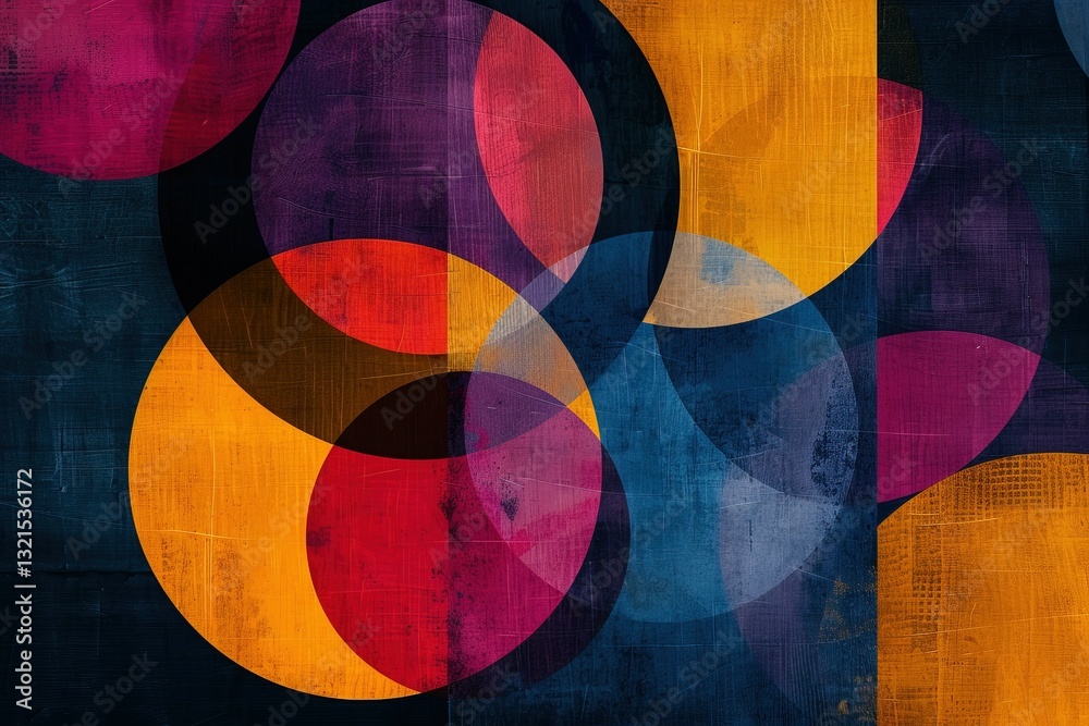 A vibrant abstract composition featuring overlapping circles in bold colors like red, orange, blue, and purple against a dark background.