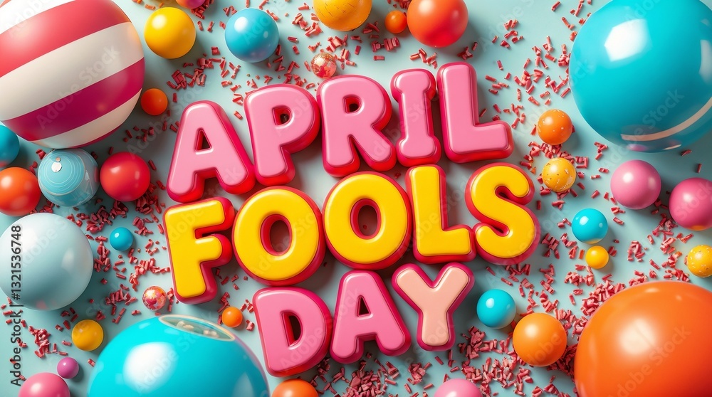 Playful 3D April Fools Text in Glossy Colors with Festive Decorations Playful 3D April Fools Text in Glossy Colors with Festive Decorations