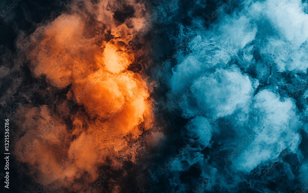 Fototapeta premium Dramatic orange and blue smoke clouds clashing in the sky